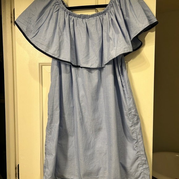 J. CREW Tipped Off The Shoulder Ruffle Blue Cotton Mini Dress XS - Picture 7 of 9